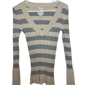 Pink Rose Beige Stripped Waist Snatching Ribbed Knit Long Sleeved V-neck Sweater